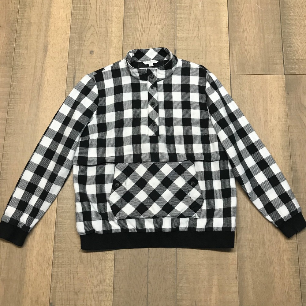 L.L. Bean Sweatshirt Womens Size L‎ Black Buffalo Plaid Pullover Pocket Travel